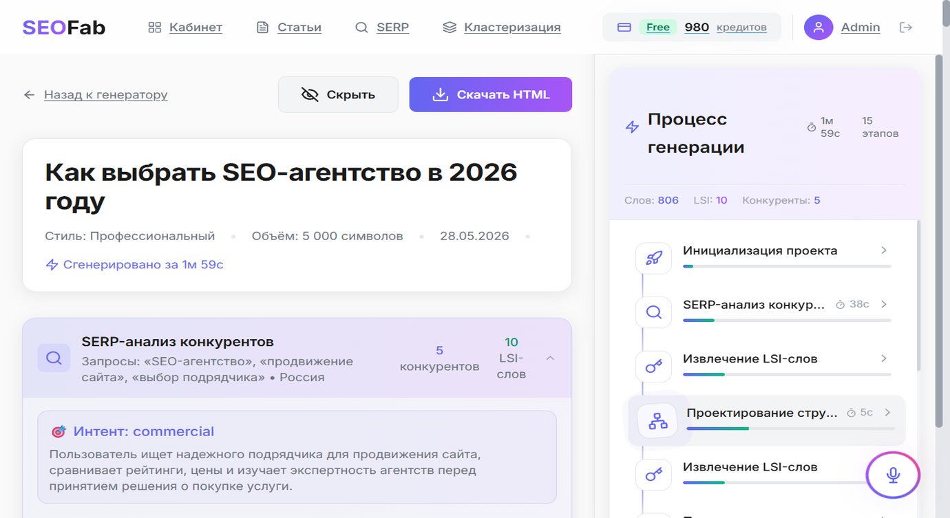 Готовая SEO-статья SeoFab — статья, SERP-анализ и таймлайн генерации