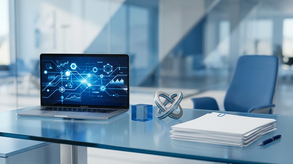 абстрактная схема интеграции облачной АТС и CRM в синих корпоративных тонах - Облачная АТС для B2B: сравнение и кейсы внедрения