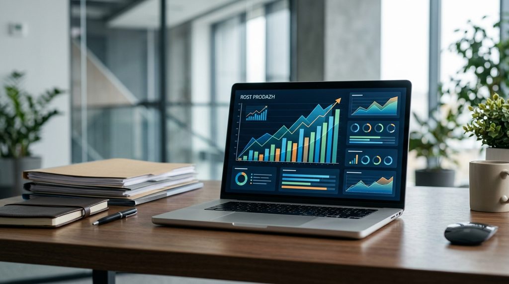 ноутбук с открытой CRM и графиком роста продаж на столе, бизнес-стиль - омниканальность это простыми
